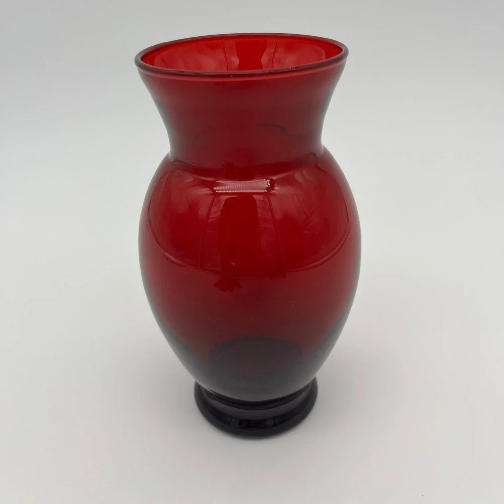 Vintage Ruby Red Glass Vase Urn Shape Flared Rim Pedestal Base Decorative Vessel